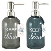 Wholesale - 14oz Glass Soap Dispenser Asst Blue & Grey with Chrome Pump "Keep It Clean", UPC: 769898275067